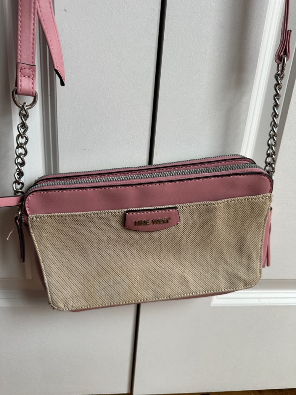 Nine West Pink and Beige Canvas Crossbody with Chain Strap FAIR CONDITION